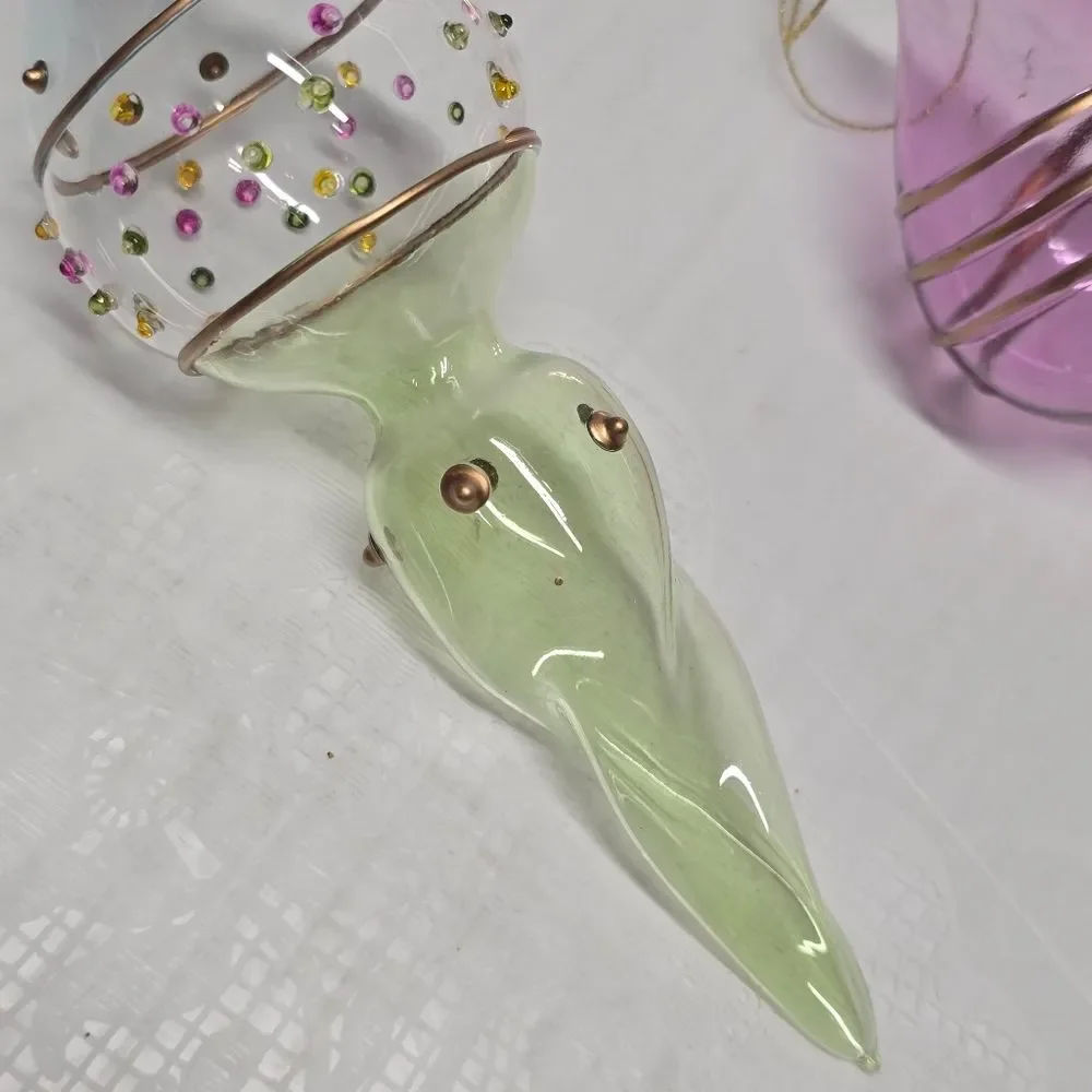 2 Hand Blown Lime Art Glass Finial Christmas Ornament Raised Polka Dots Trim 7
